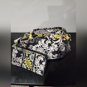 Vera Bradley Black/Yellow/White Purse with Matching Wallet